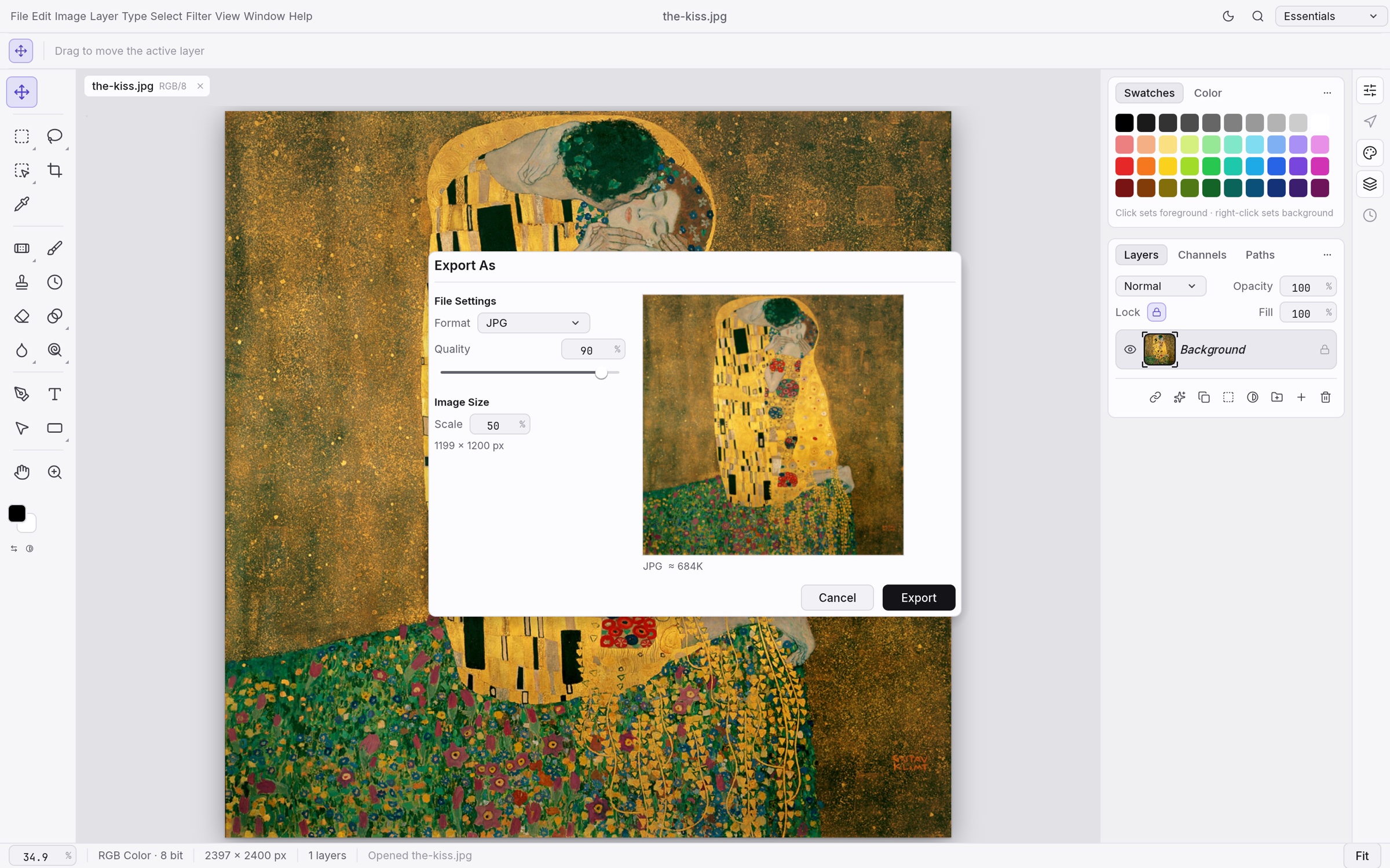 PhotoCraft’s Export As dialog with JPG selected, quality at 90 percent, scale at 50 percent, and a file preview.