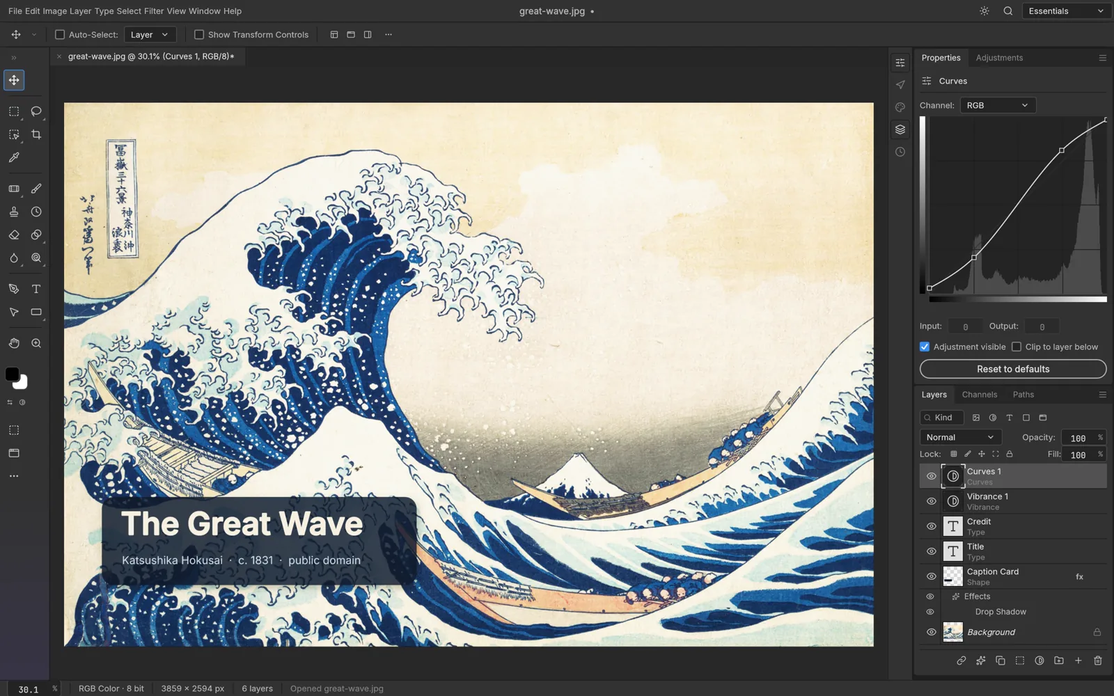 PhotoCraft editing The Great Wave with an adjustment layer, editable type, and the Layers panel.