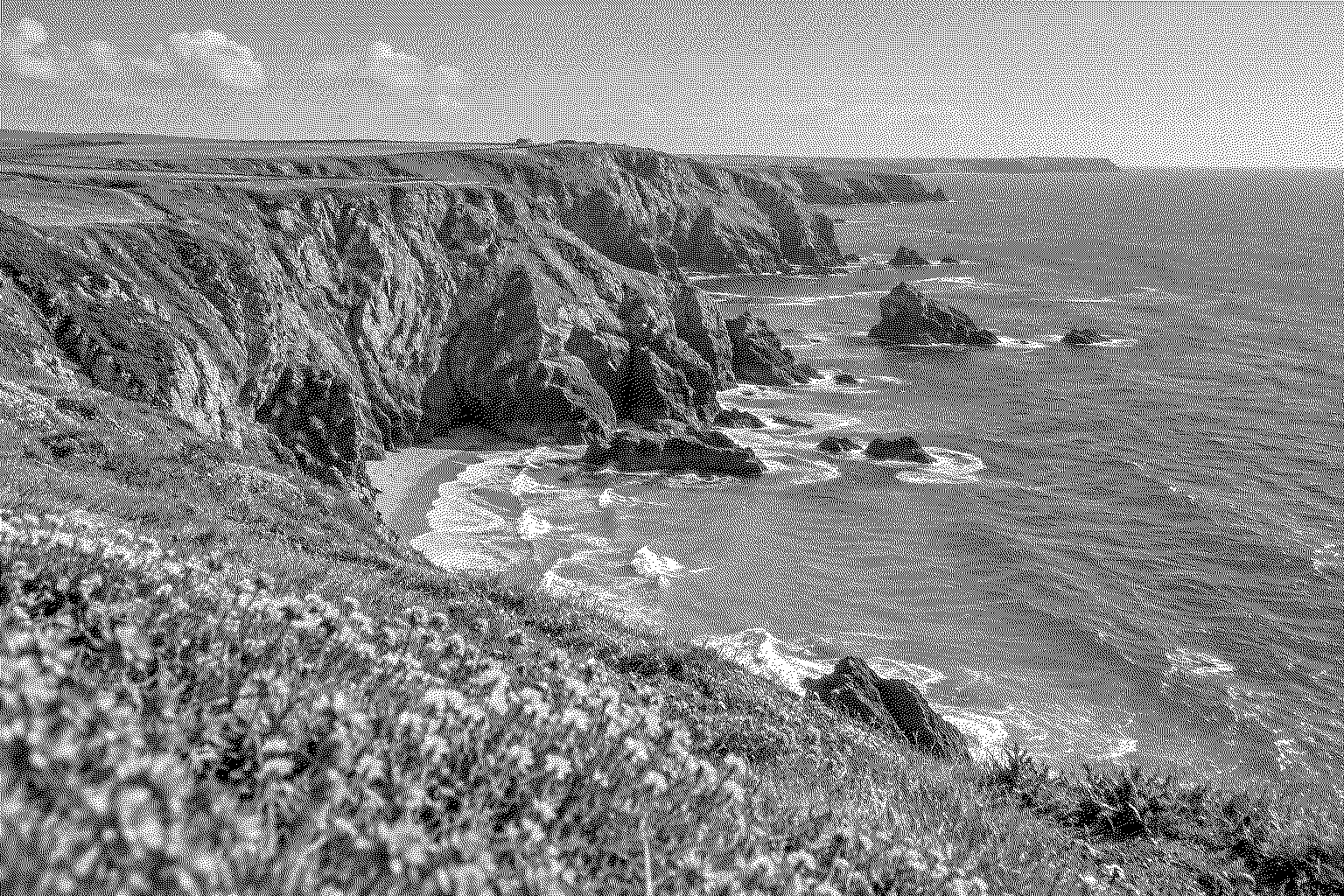The coastal photo converted to a black-and-white pattern of small dots.