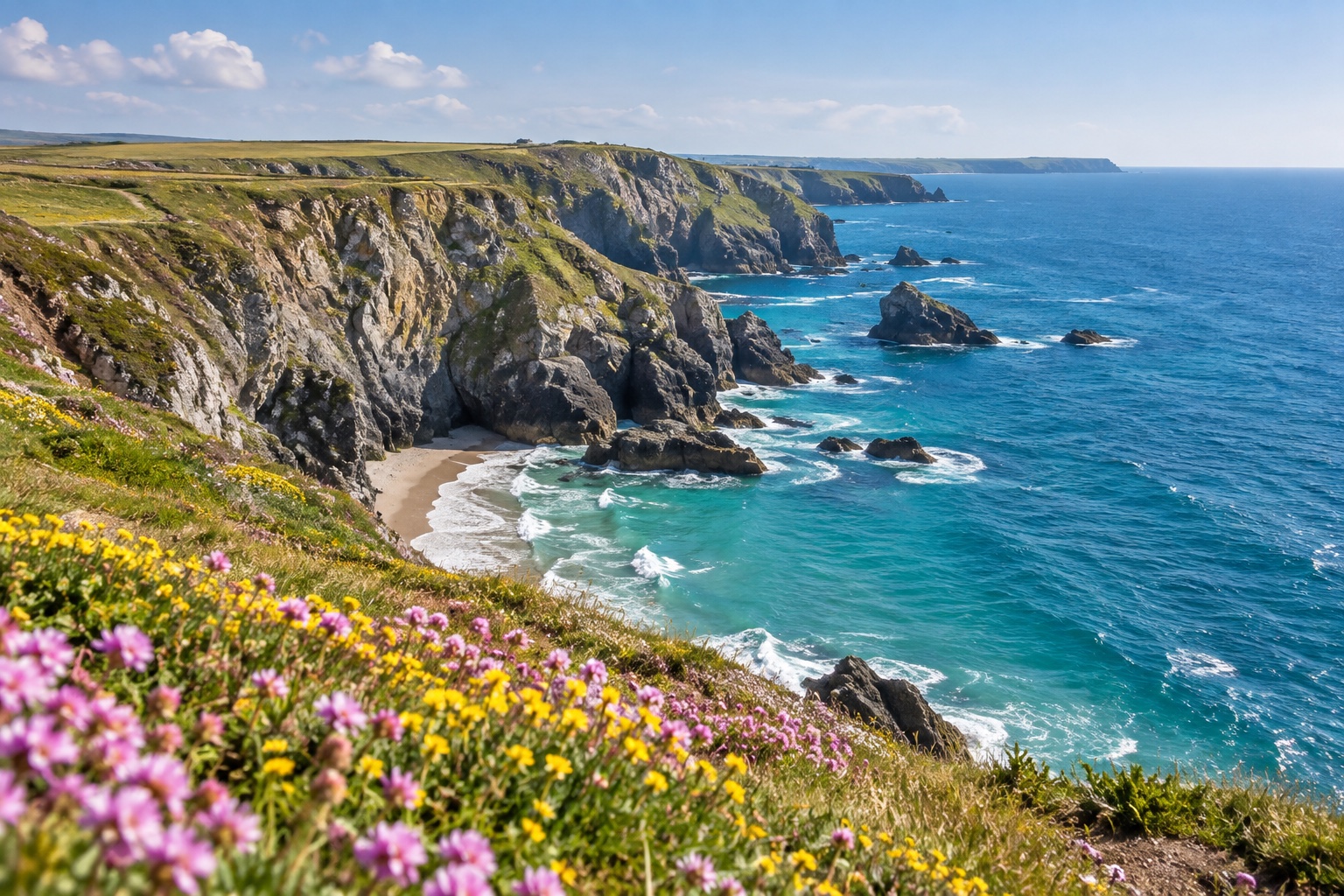 The undithered sample: blue sea beneath rocky cliffs with yellow wildflowers in the foreground.