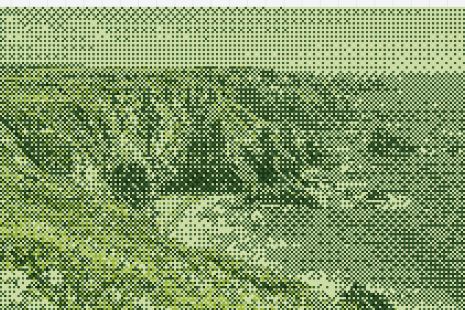 A rugged coastline rendered as green pixel patterns using Dither it’s Game Boy palette.