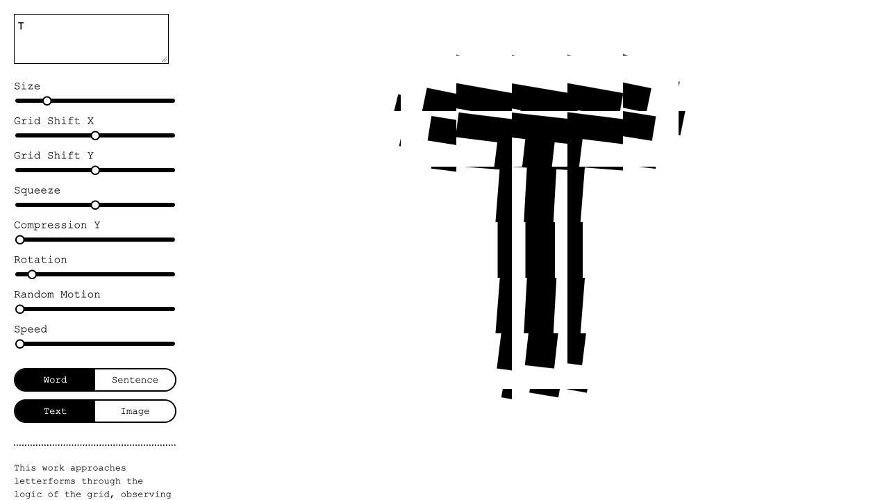Pattern showing a fragmented T, the text field, eight sliders, and Word and Text selected.
