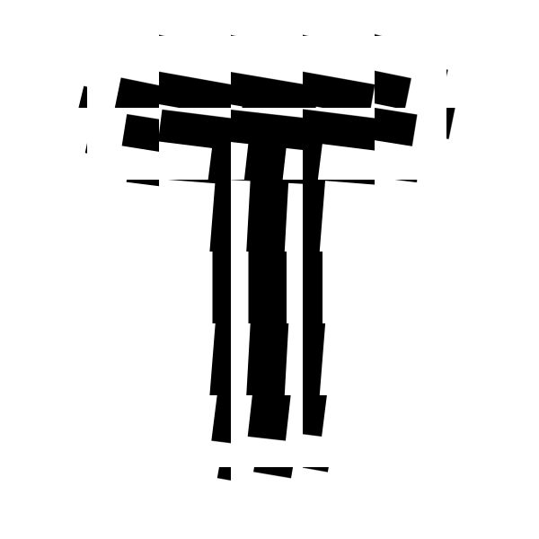 A black letter T broken into offset, slightly rotated fragments in Pattern.