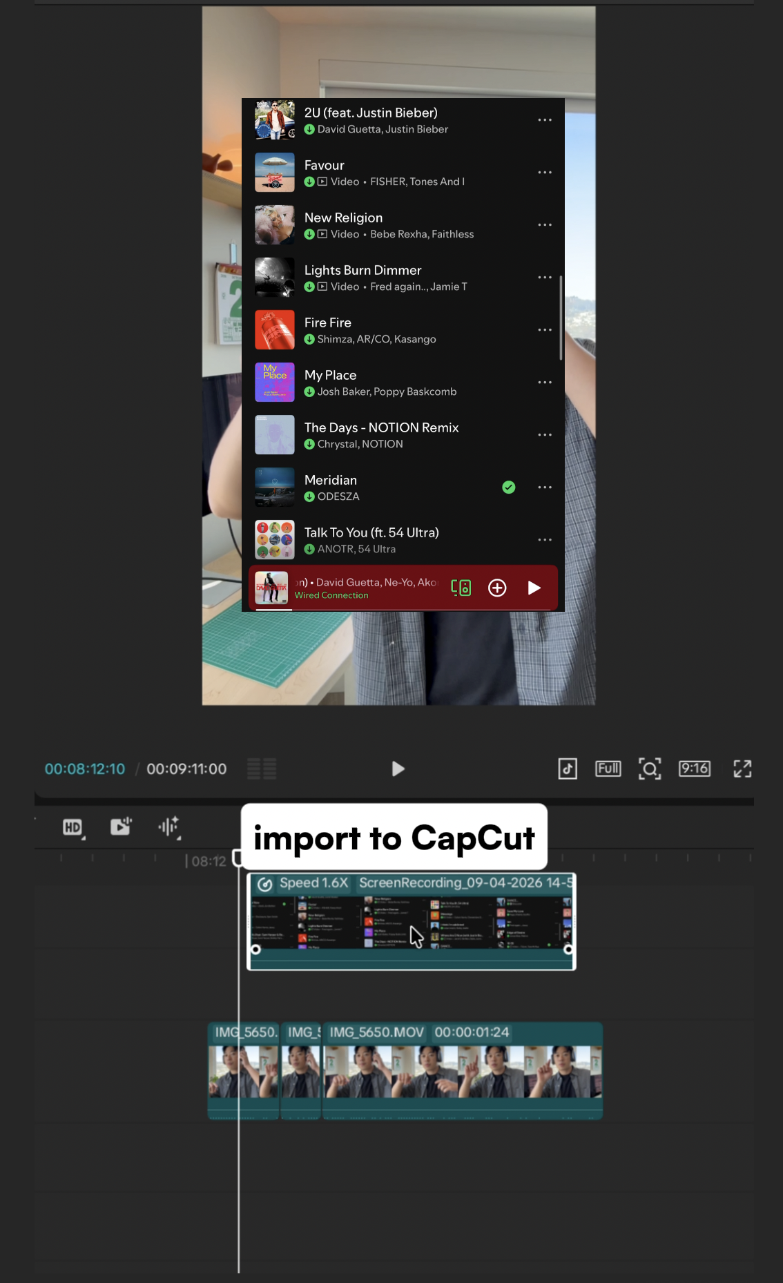 CapCut with a Spotify screen recording on the upper track and the video of the person underneath.