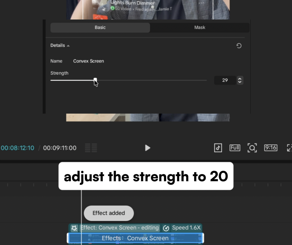 The Convex Screen Strength control, shown mid-adjustment, with a caption instructing you to set it to 20.